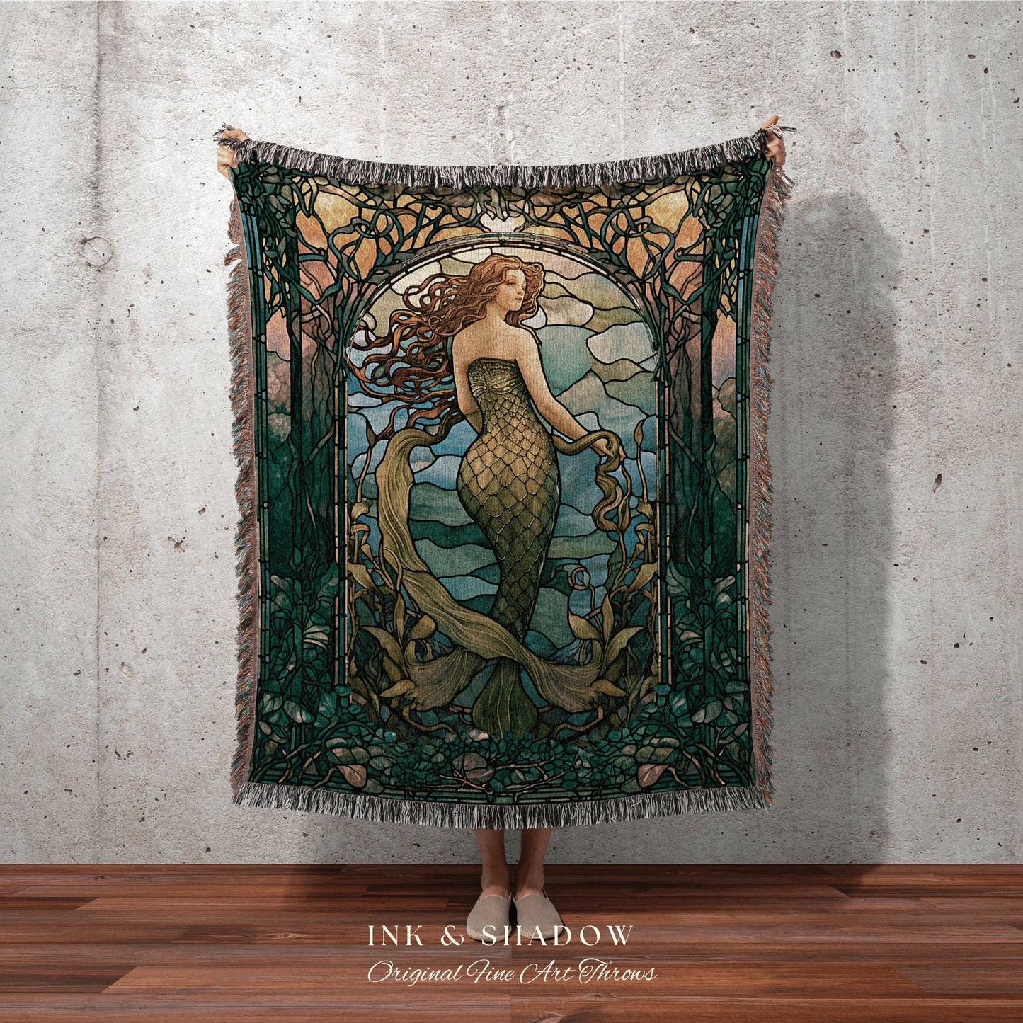 Mermaidcore Stained Glass Tapestry | Celestial Mermaid Cottagecore Decor Art Nouveau Tapestry Woven Blanket Mermaidcore Decor Stained Glass