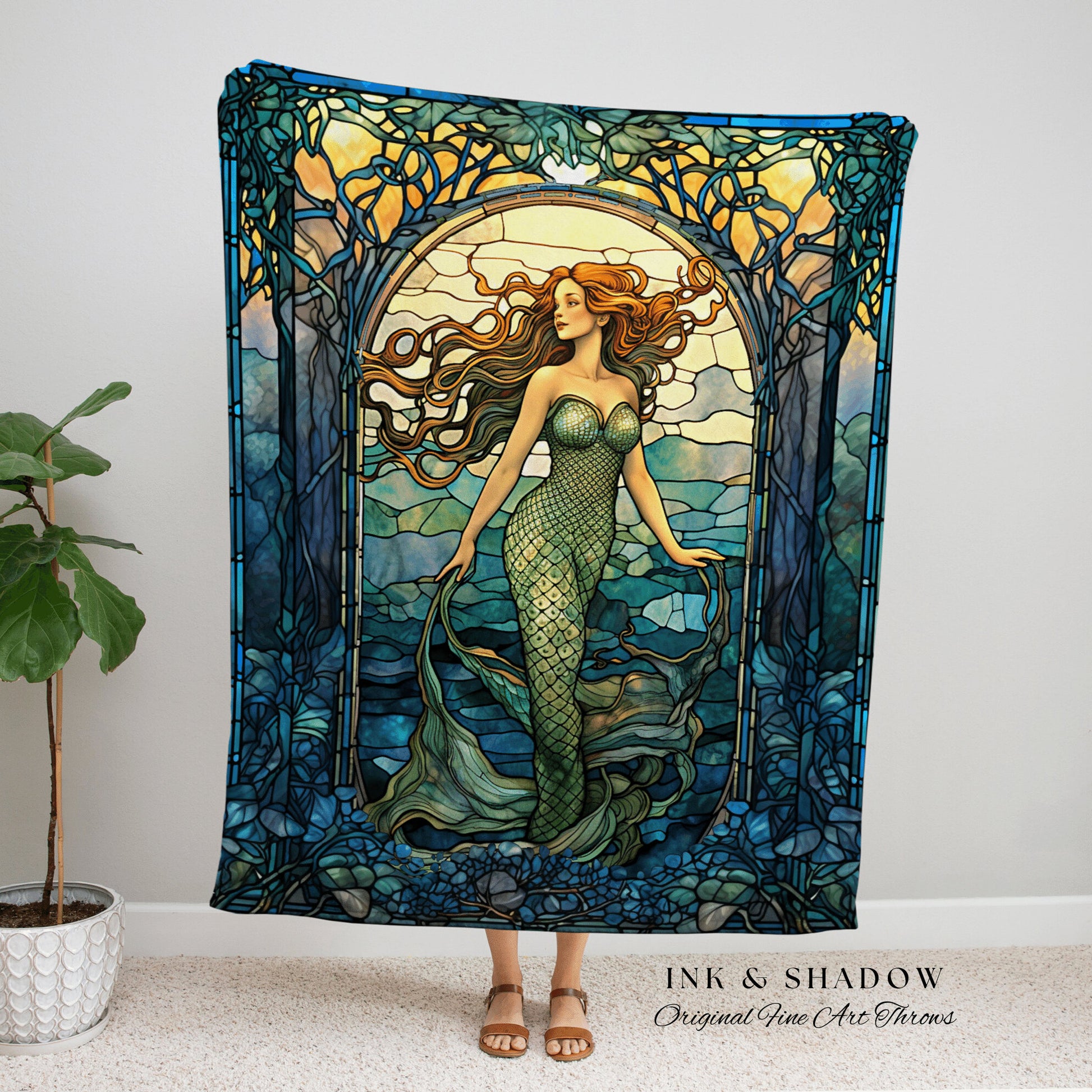 Mermaid Aesthetic Tapestry | Celestial Mermaid Cottagecore Ethereal Decor Art Nouveau Tapestry Woven Blanket Mermaidcore Decor Stained Glass