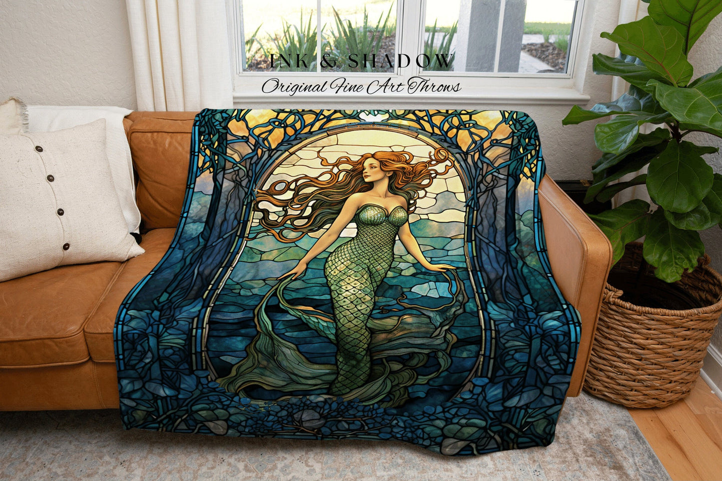 Mermaid Aesthetic Tapestry | Celestial Mermaid Cottagecore Ethereal Decor Art Nouveau Tapestry Woven Blanket Mermaidcore Decor Stained Glass