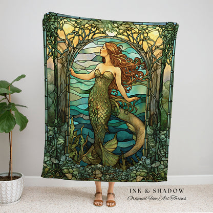 Art Nouveau Mermaid Blanket | Celestial Mermaid Dark Cottagecore Decor Art Nouveau Tapestry Woven Blanket Mermaidcore Decor Stained Glass |