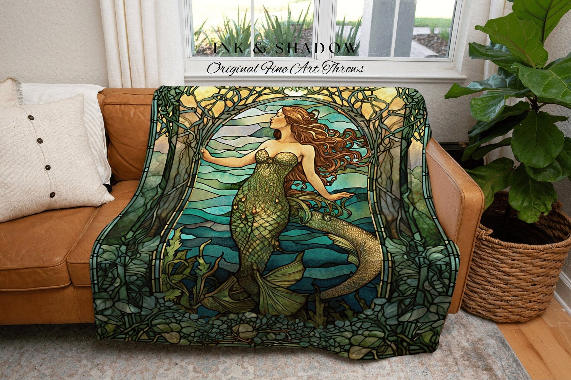 Art Nouveau Mermaid Blanket | Celestial Mermaid Dark Cottagecore Decor Art Nouveau Tapestry Woven Blanket Mermaidcore Decor Stained Glass |