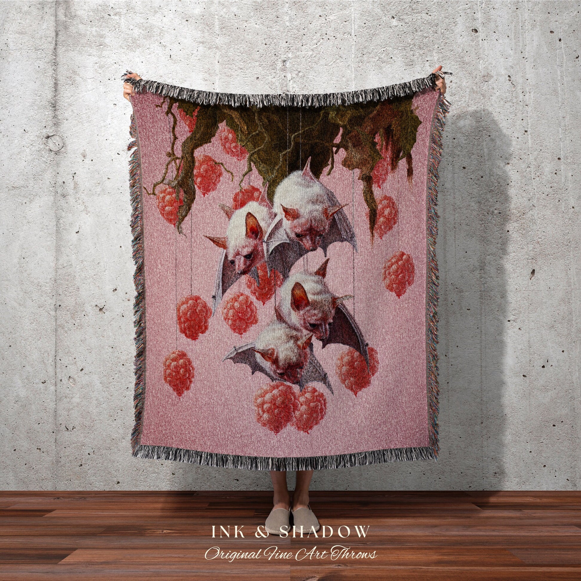 Berry Pink Bat Blanket Woven Throw Dark Cottagecore Decor | Goth Tapestry Vintage Fruit Bat Painting Dark Botanical Woven Wall Art Whimsical