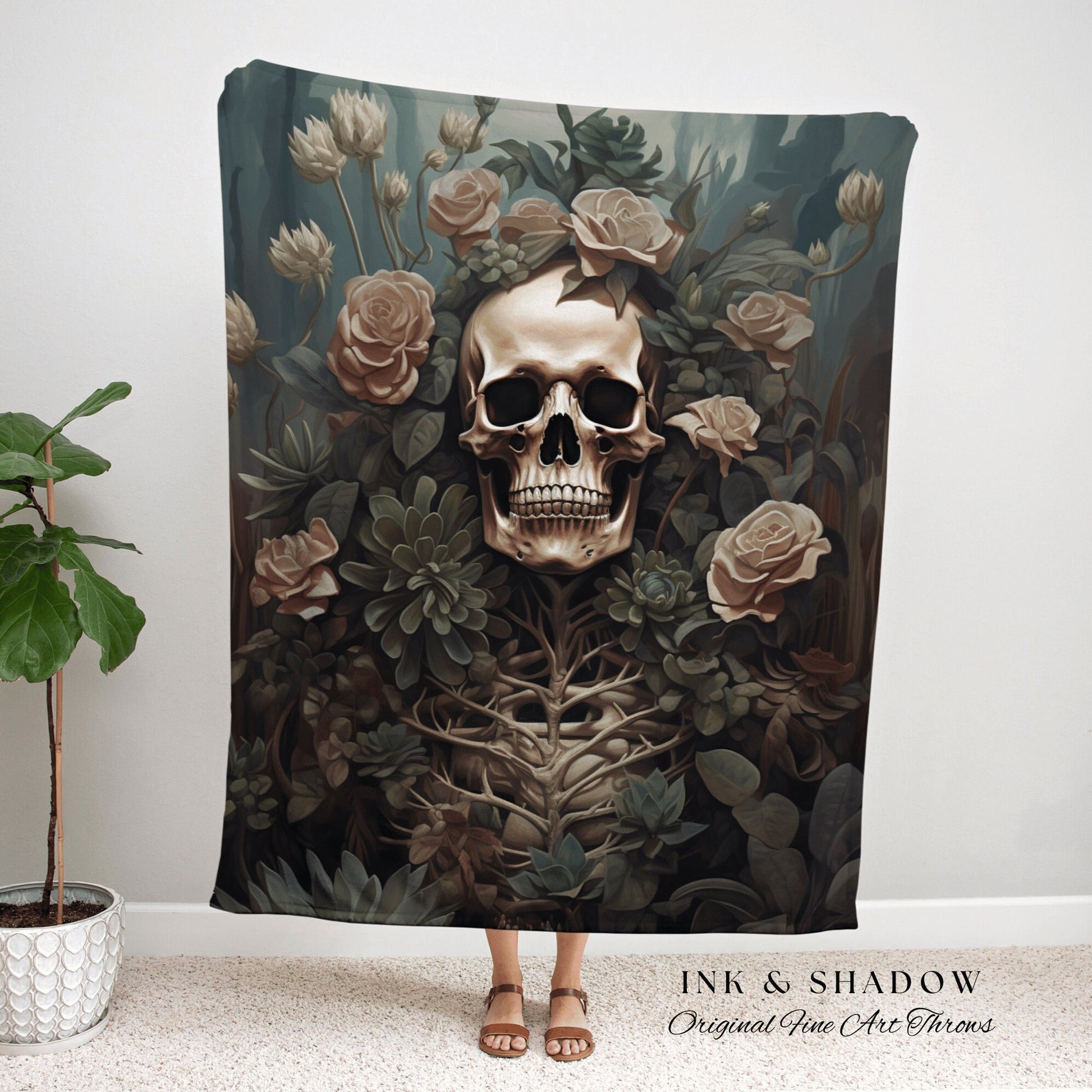 Dark Botanical Skeleton Art Tapestry Woven Throw Blanket Vintage | Dark Academia Wall Decor Skeleton Painting Gothic Tapestry Floral Gothic