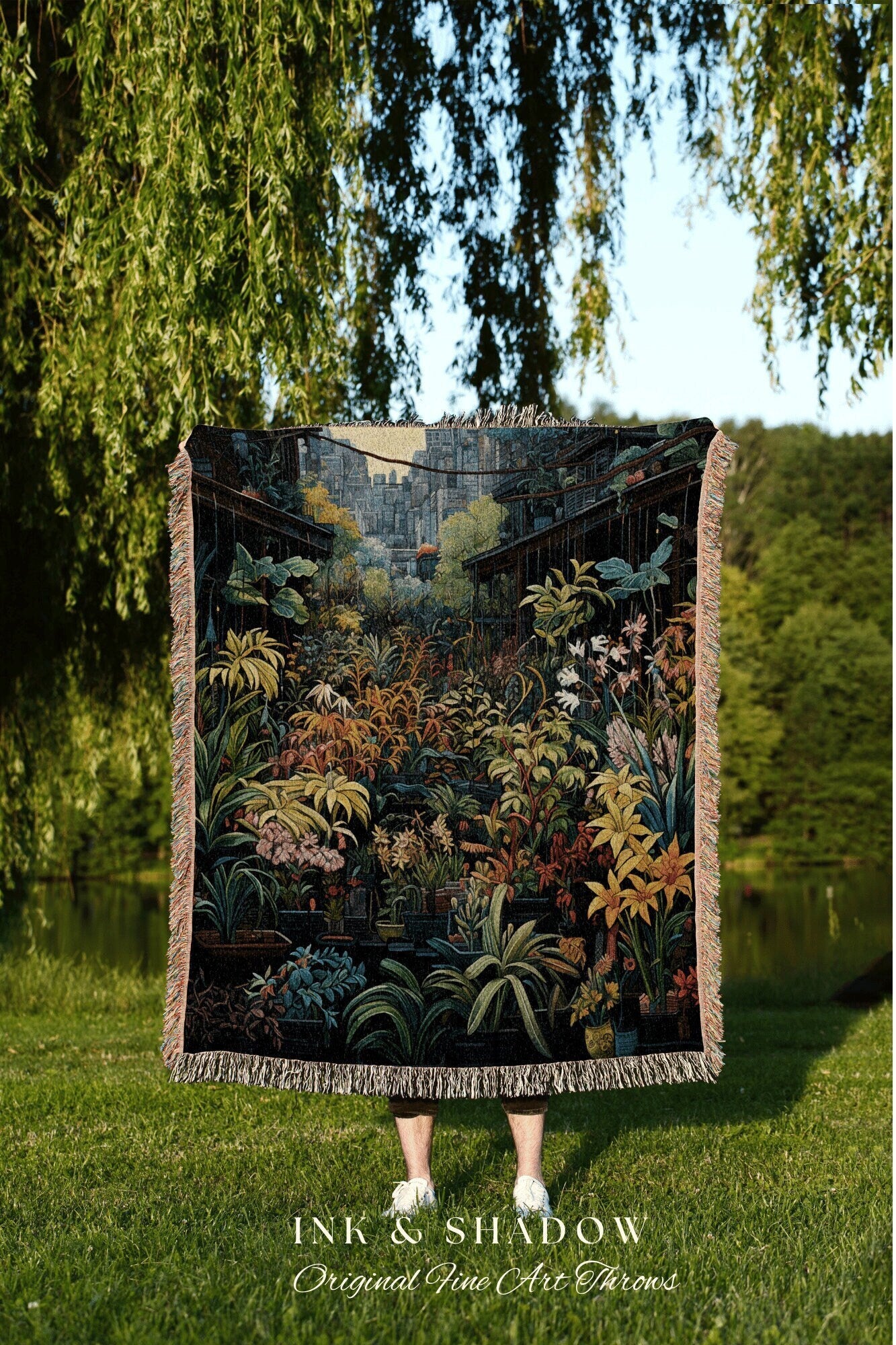 Amsterdam Flower Market Dark Floral Woven Throw Blanket | Flower Wall Backdrop Floral Tapestry Flower Market Wall Art Botanical Blanket |