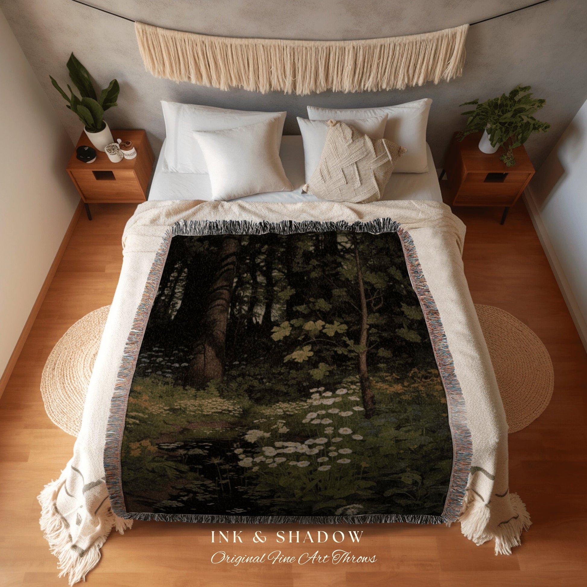 Dark Forest Blanket Woven Cotton Throw Blanket Nature Tapestry | Dark Cottagecore Botanical Blanket Forest Tapestry Goblincore Bedroom Decor