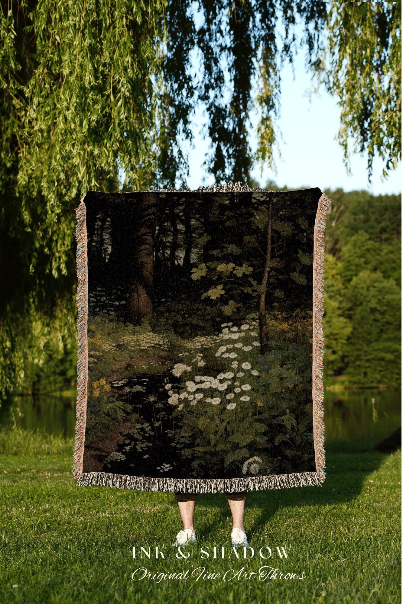 Dark Forest Blanket Woven Cotton Throw Blanket Nature Tapestry | Dark Cottagecore Botanical Blanket Forest Tapestry Goblincore Bedroom Decor