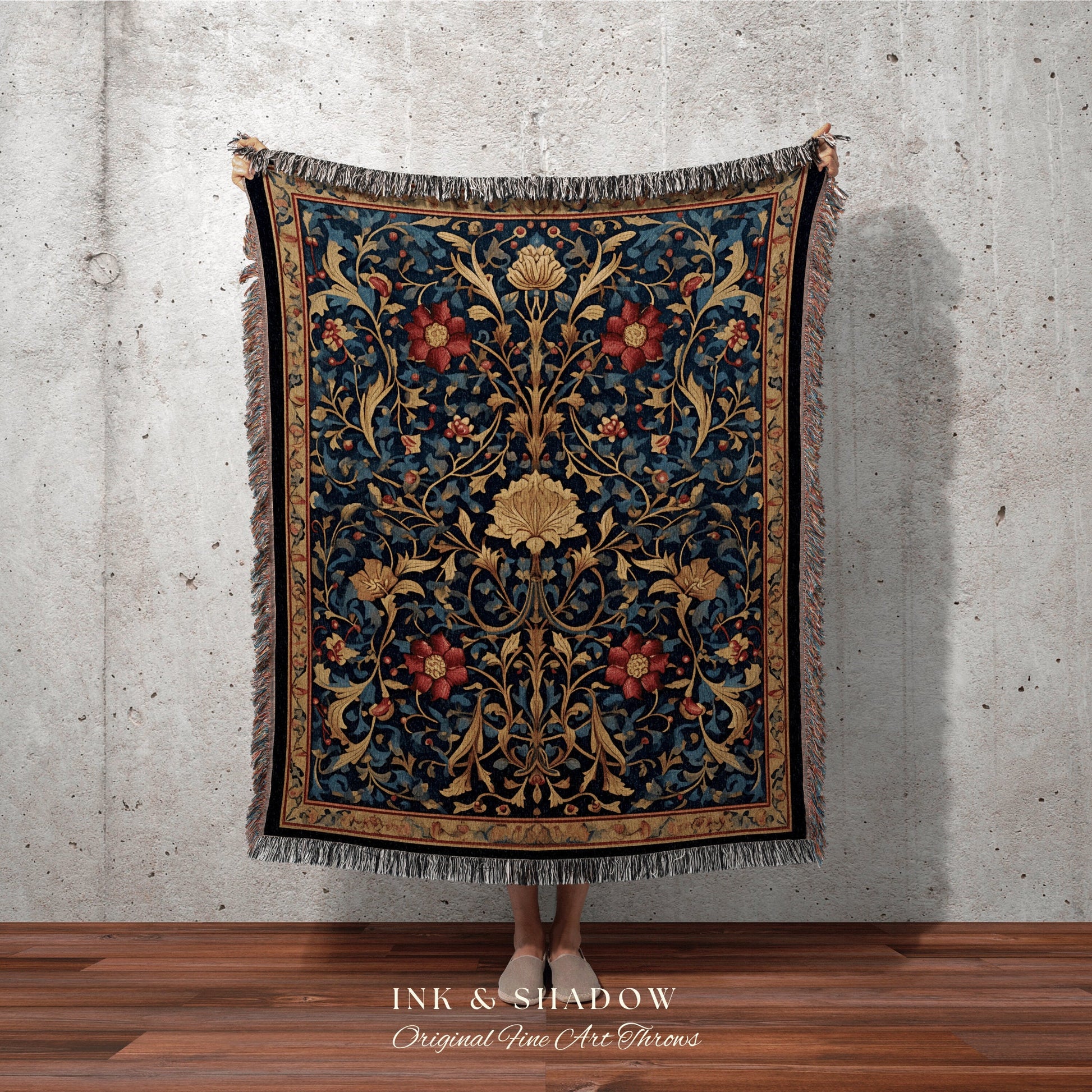 Dark Floral Tapestry Woven | Vintage Folk Art Blanket Woven Tapestry William Morris Art Woodland Gothic Decor Dark Cottagecore Aesthetic Art