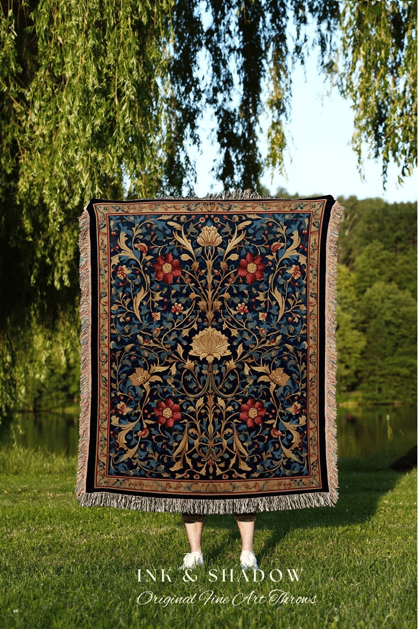 Dark Floral Tapestry Woven | Vintage Folk Art Blanket Woven Tapestry William Morris Art Woodland Gothic Decor Dark Cottagecore Aesthetic Art