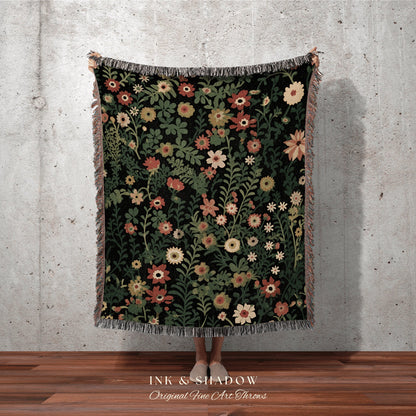 Boho Vintage Flower Blanket | Woven Cotton Throw Blanket Dark Cottagecore Botanical Blanket Forest Tapestry Fairycore Bedroom Floral Decor |