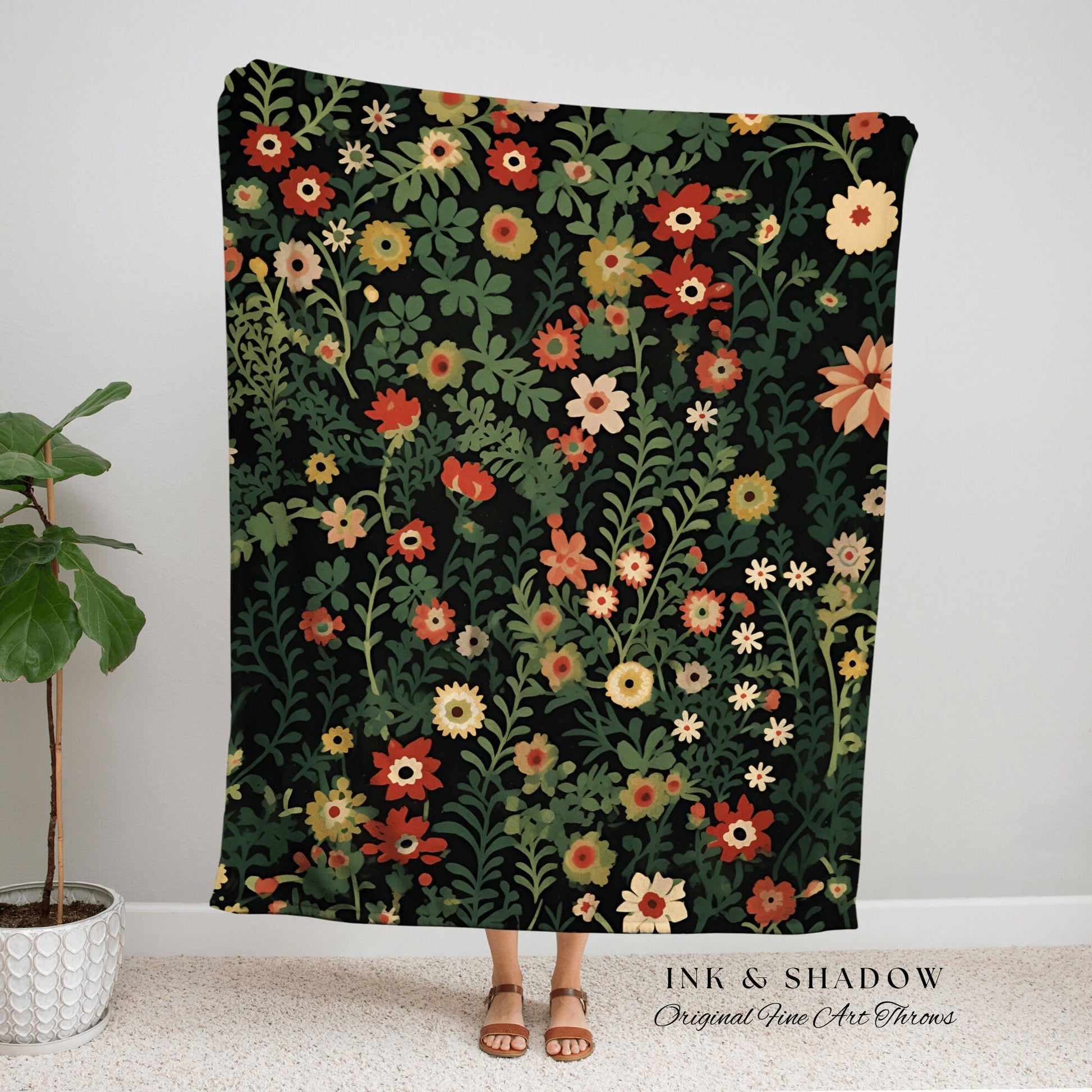 Boho Vintage Flower Blanket | Woven Cotton Throw Blanket Dark Cottagecore Botanical Blanket Forest Tapestry Fairycore Bedroom Floral Decor |