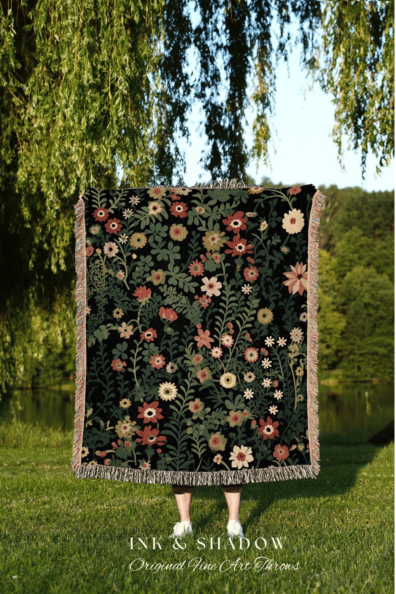 Boho Vintage Flower Blanket | Woven Cotton Throw Blanket Dark Cottagecore Botanical Blanket Forest Tapestry Fairycore Bedroom Floral Decor |