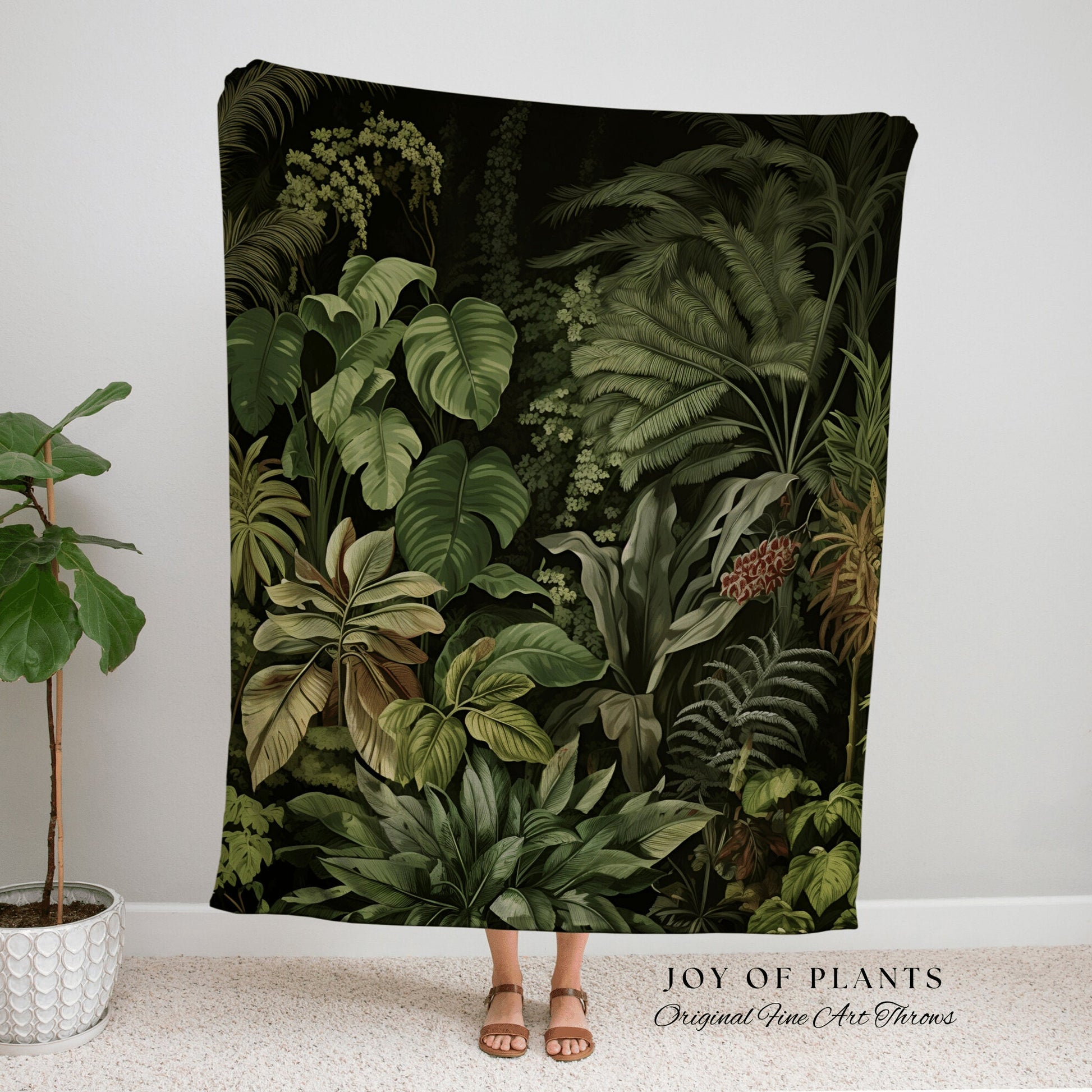 Moody Botanical Throw Blanket | Woven Cotton Throw Blanket Dark Cottagecore Botanical Blanket Forest Tapestry Goblincore Bedroom Decor Green