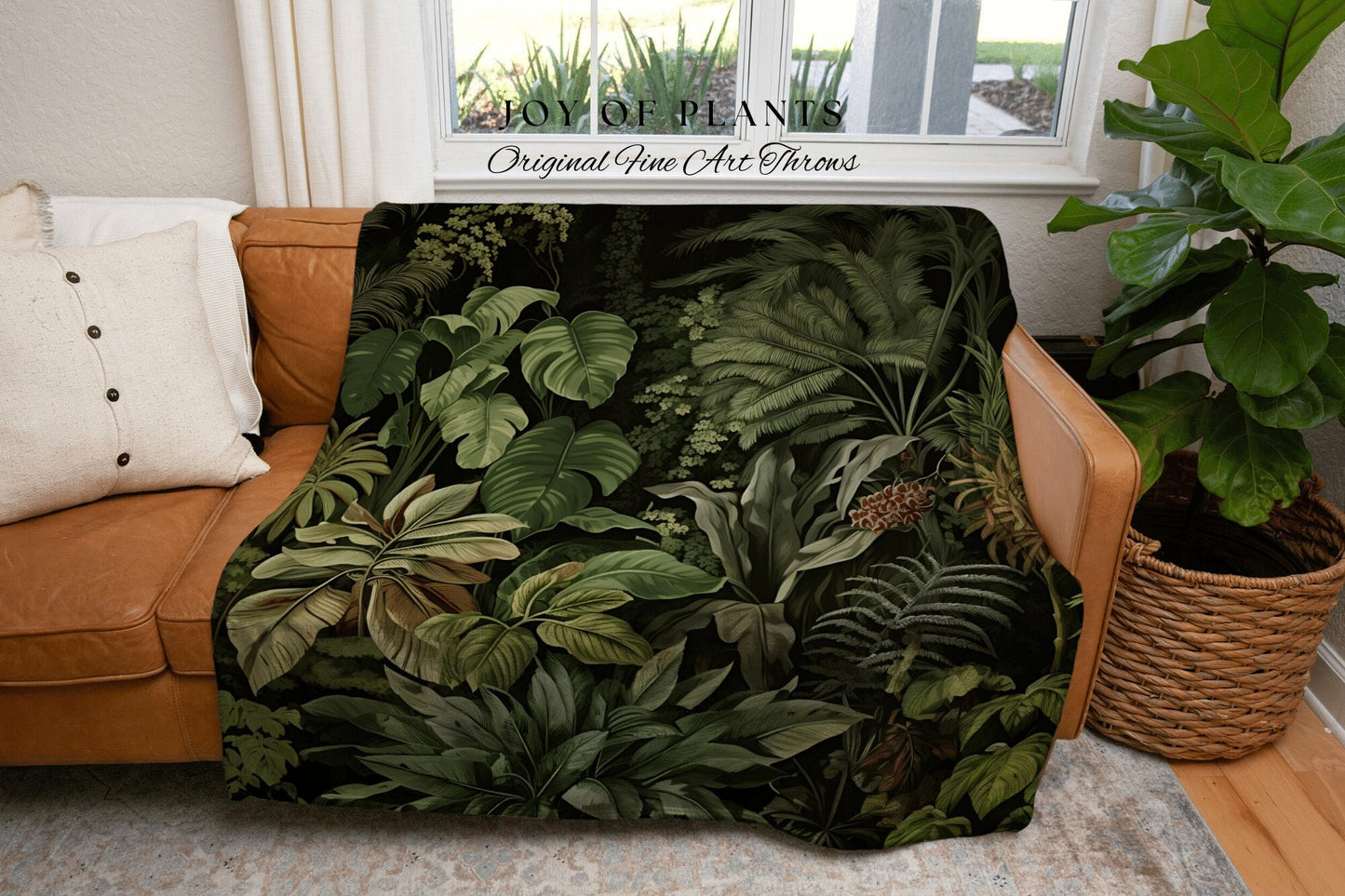 Moody Botanical Throw Blanket | Woven Cotton Throw Blanket Dark Cottagecore Botanical Blanket Forest Tapestry Goblincore Bedroom Decor Green