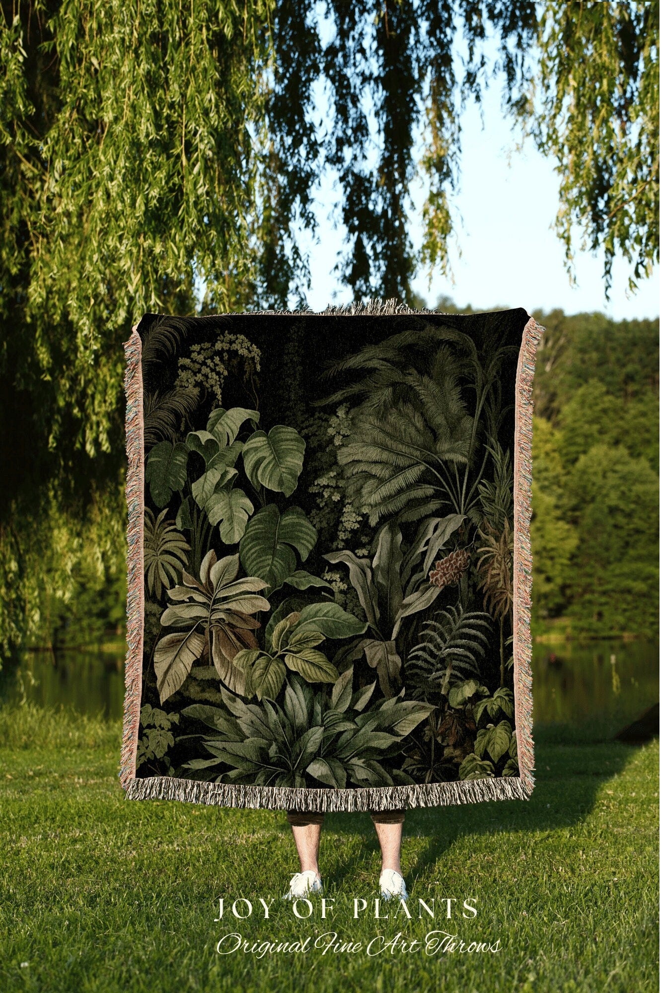 Moody Botanical Throw Blanket | Woven Cotton Throw Blanket Dark Cottagecore Botanical Blanket Forest Tapestry Goblincore Bedroom Decor Green