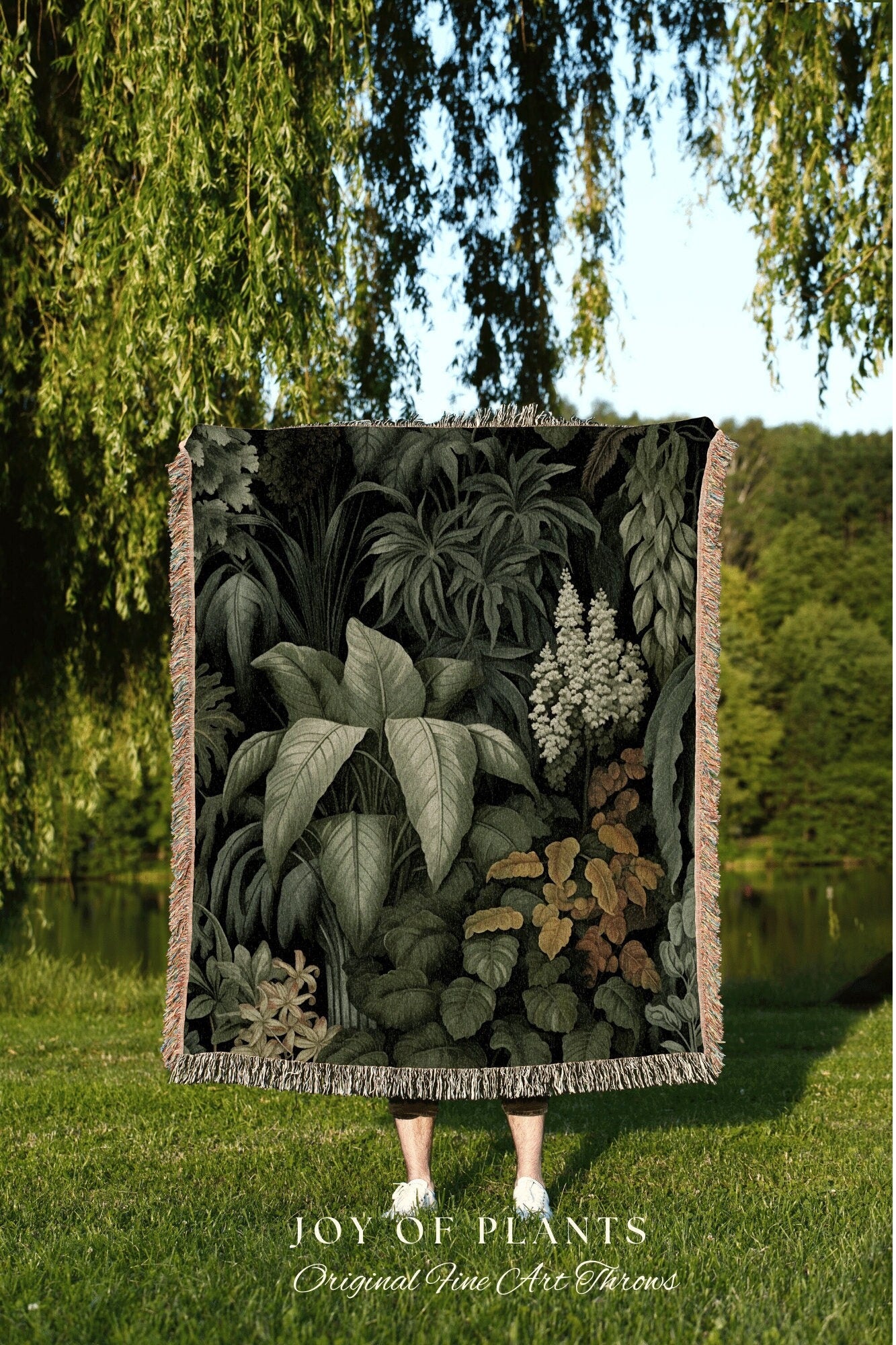 Vintage Dark Greenery Tapestry | Woven Cotton Throw Blanket Dark Cottagecore Decor Blanket Forest Tapestry Goblincore Bedroom Forest Green