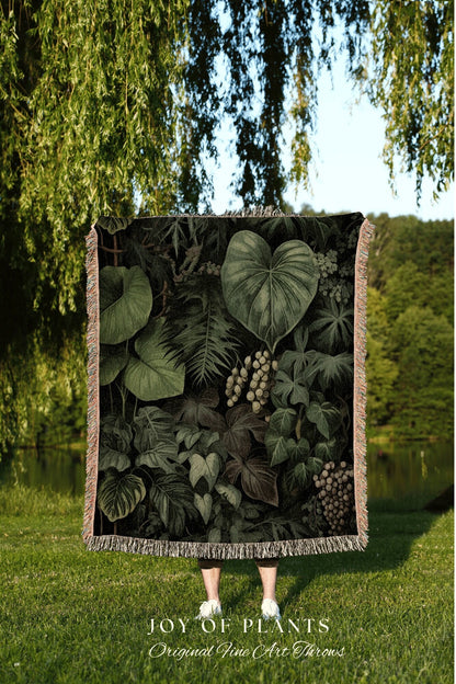 Tropical Jungle Throw Blanket | Woven Cotton Throw Blanket Dark Cottagecore Botanical Blanket Forest Tapestry Fairycore Bedroom Decor Gothic