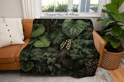 Tropical Jungle Throw Blanket | Woven Cotton Throw Blanket Dark Cottagecore Botanical Blanket Forest Tapestry Fairycore Bedroom Decor Gothic