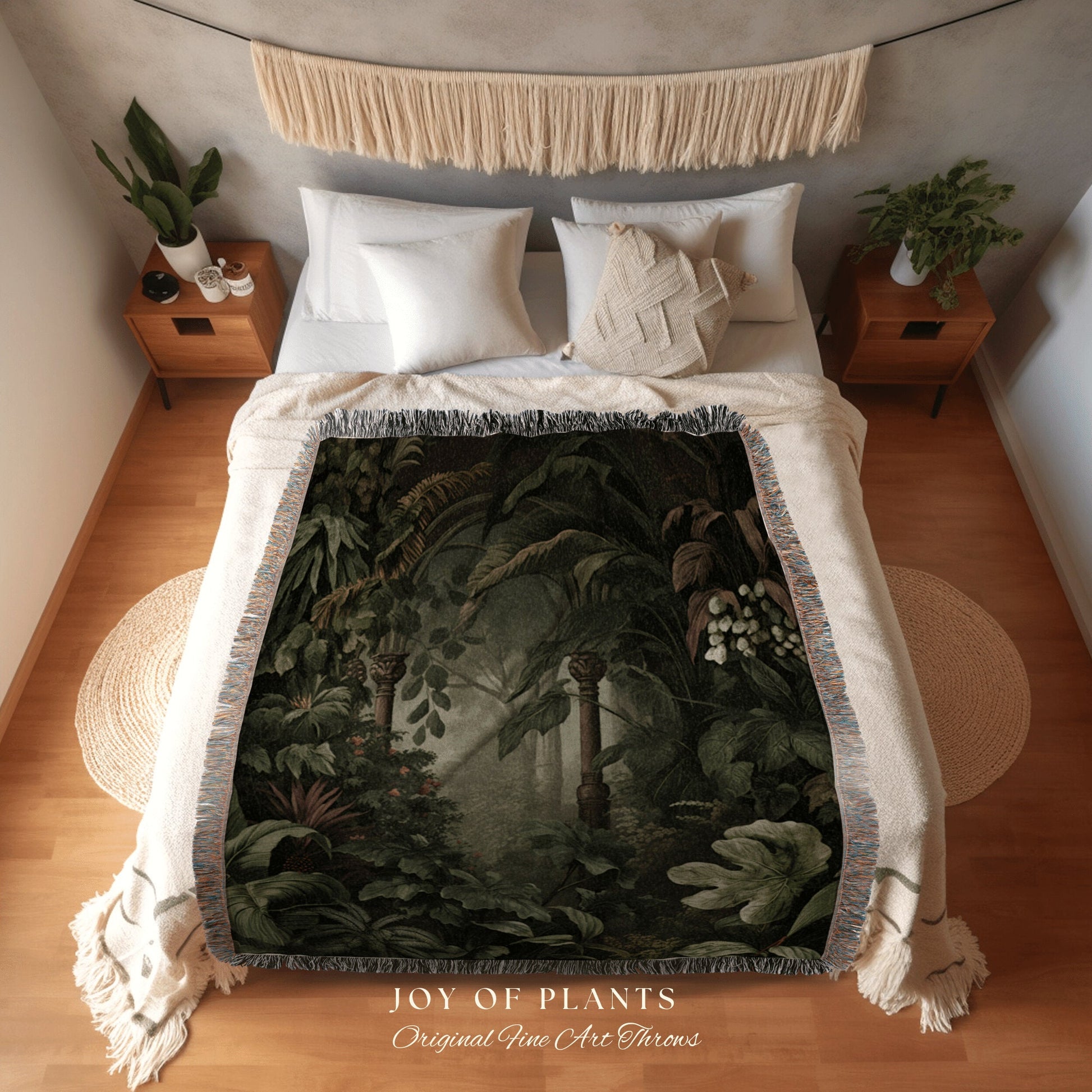 Misty Forest Tapestry Gothic | Woven Cotton Throw Blanket Dark Cottagecore Botanical Blanket Forest Tapestry Fairycore Bedroom Decor Jungle