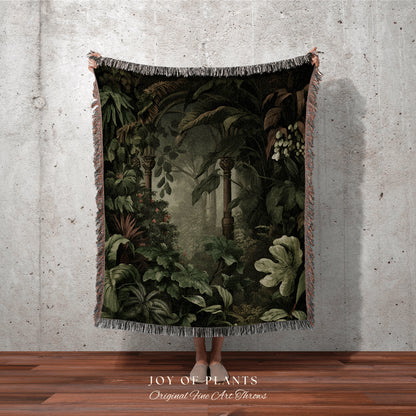 Misty Forest Tapestry Gothic | Woven Cotton Throw Blanket Dark Cottagecore Botanical Blanket Forest Tapestry Fairycore Bedroom Decor Jungle