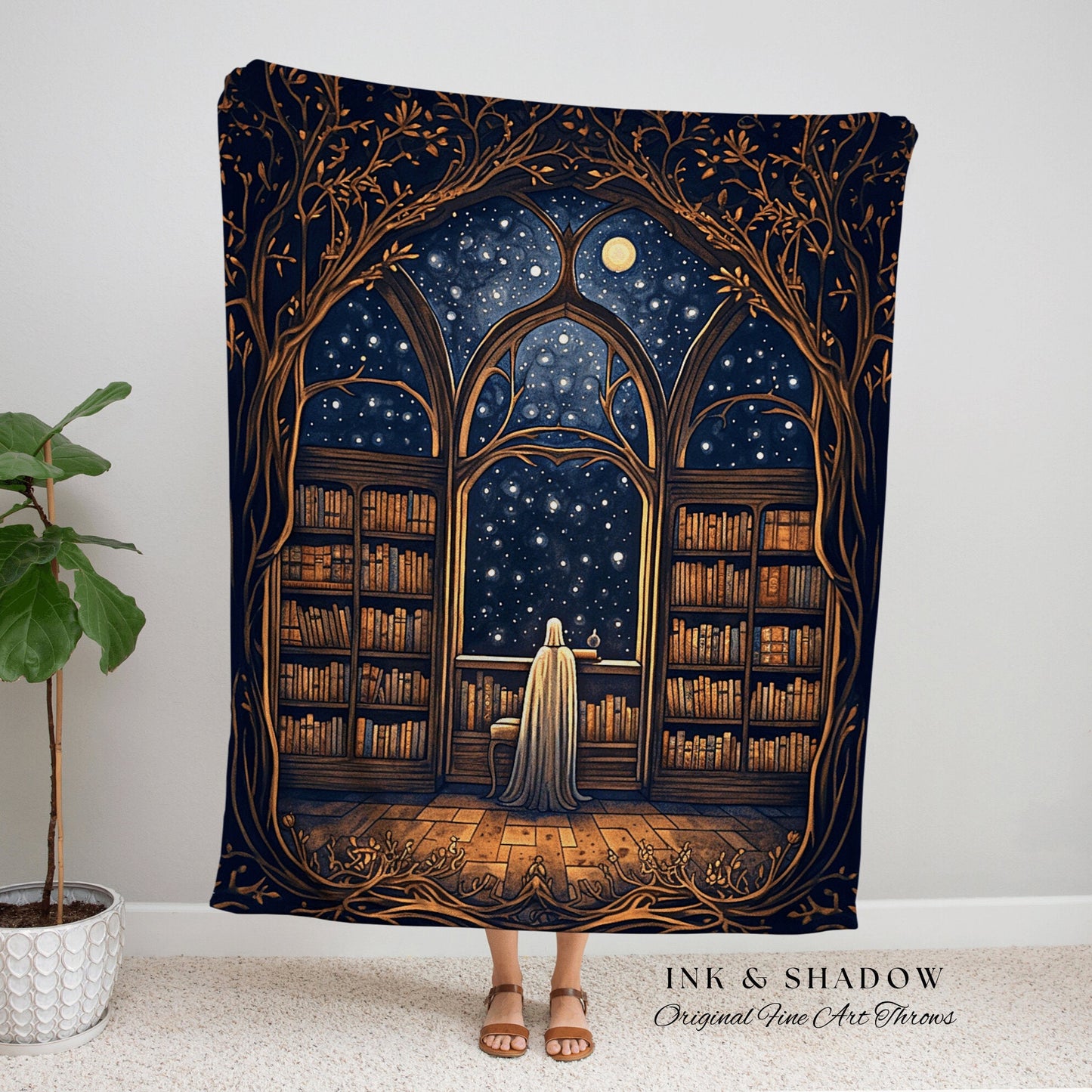 Night Library Ghost Blanket | Ghost in Library Spooky Aesthetic Gothic Art Gothic Ghost Painting Vintage Halloween Bookish Gift for Reader |