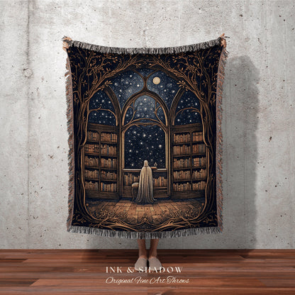 Night Library Ghost Blanket | Ghost in Library Spooky Aesthetic Gothic Art Gothic Ghost Painting Vintage Halloween Bookish Gift for Reader |