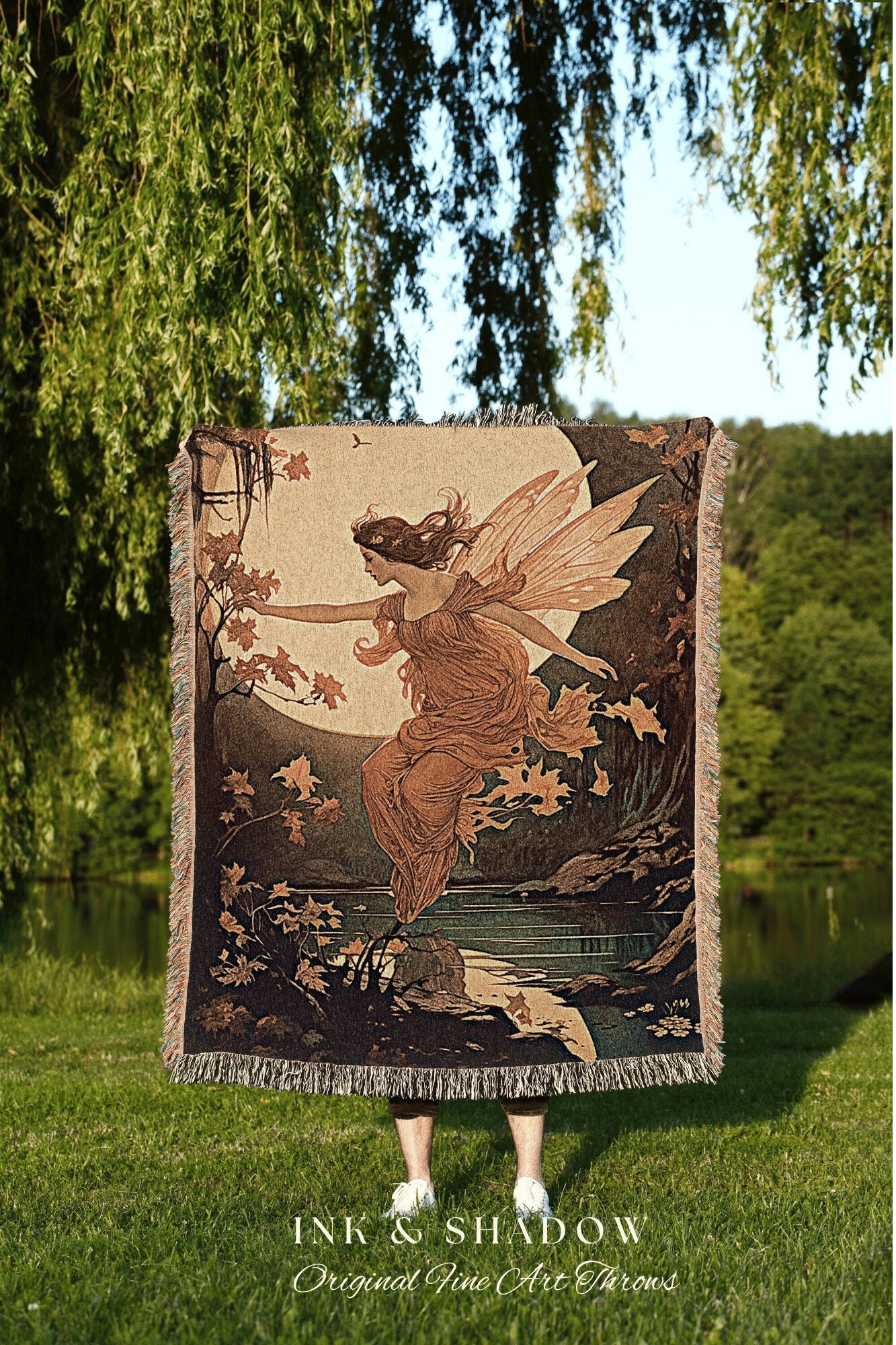 Autumn Fairy Woodland Blanket | Storybook Aesthetic Celestial Wall Art Cottagecore Decor Art Nouveau Tapestry Art Blanket Fairycore Vintage