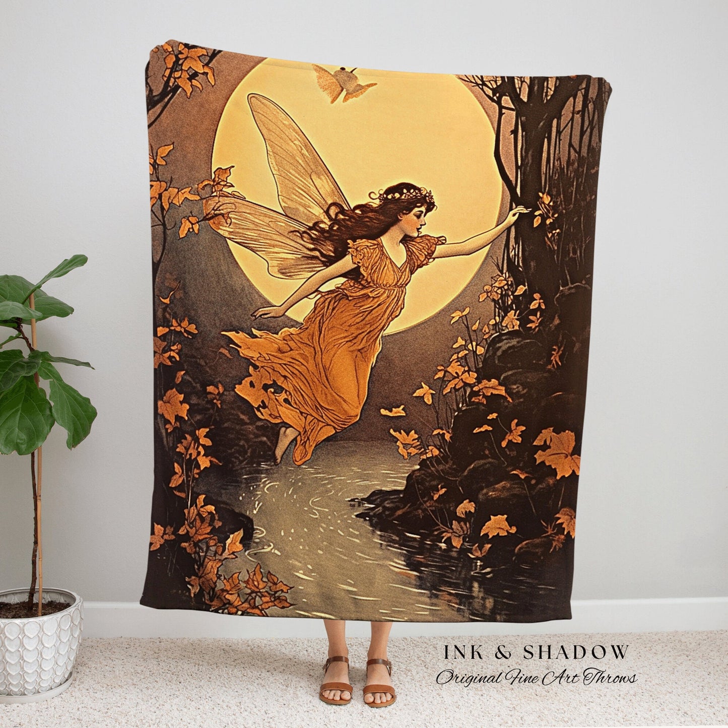 Full Moon Autumn Fairy Blanket | Storybook Aesthetic Celestial Wall Art Cottagecore Decor Storybook Tapestry Art Blanket Fairycore Vintage |