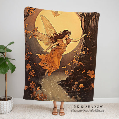 Full Moon Autumn Fairy Blanket | Storybook Aesthetic Celestial Wall Art Cottagecore Decor Storybook Tapestry Art Blanket Fairycore Vintage |