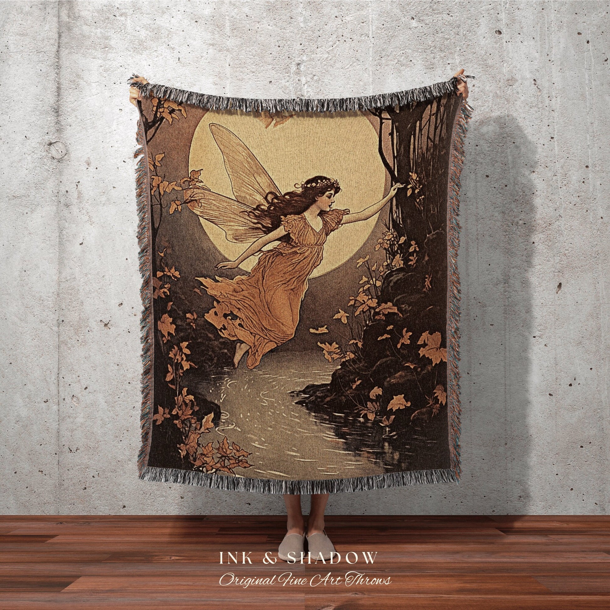 Full Moon Autumn Fairy Blanket | Storybook Aesthetic Celestial Wall Art Cottagecore Decor Storybook Tapestry Art Blanket Fairycore Vintage |