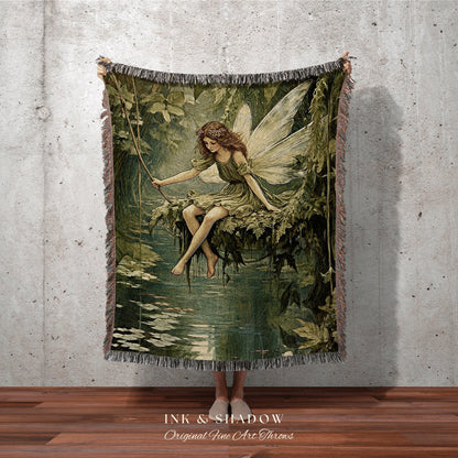 Forest Nymph Woven Blanket | Fairytale Aesthetic Celestial Wall Art Witchy Cottagecore Decor Art Nouveau Tapestry Blanket Fairycore Vintage