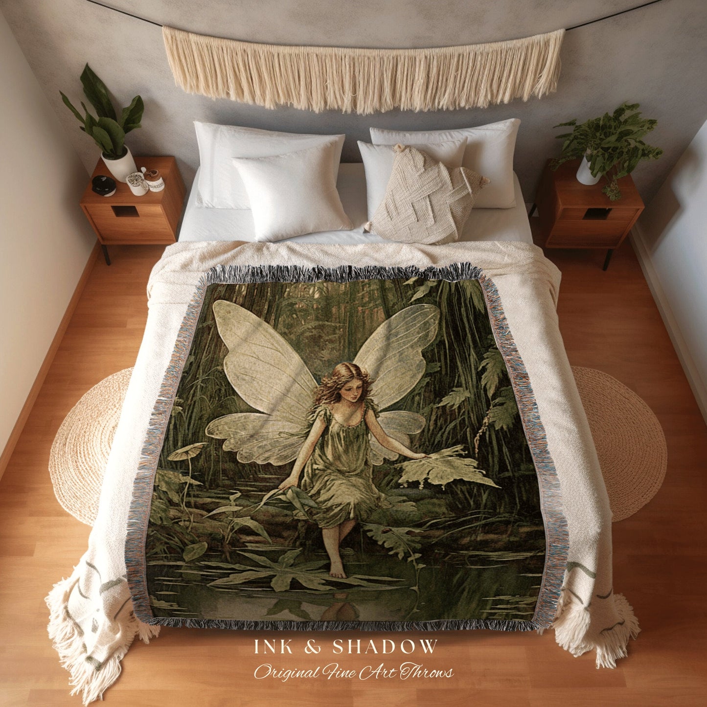 Woodland Dryad Fairy Blanket | Fairytale Aesthetic Celestial Wall Art Witchy Cottagecore Decor Art Nouveau Tapestry Blanket Fairycore Decor