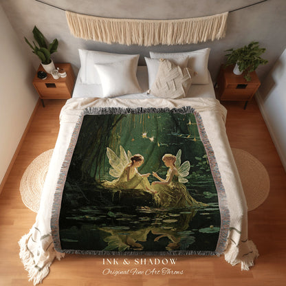 Fairytale Woodland Fairies Blanket | Fairytale Aesthetic Celestial Wall Art Witchy Cottagecore Decor Art Nouveau Tapestry Blanket Fairycore