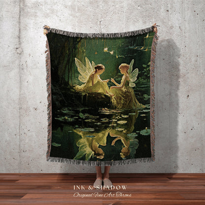 Fairytale Woodland Fairies Blanket | Fairytale Aesthetic Celestial Wall Art Witchy Cottagecore Decor Art Nouveau Tapestry Blanket Fairycore