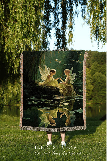 Fairytale Woodland Fairies Blanket | Fairytale Aesthetic Celestial Wall Art Witchy Cottagecore Decor Art Nouveau Tapestry Blanket Fairycore