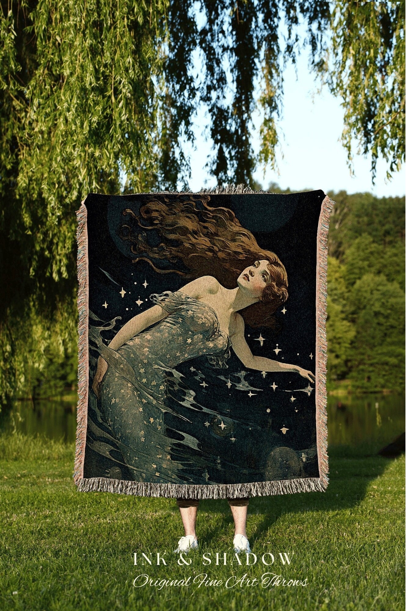 Art Nouveau Vintage Mermaid Blanket | Mermaid Aesthetic Celestial Wall Art Cottagecore Decor Art Nouveau Tapestry Woven Blanket Fairycore