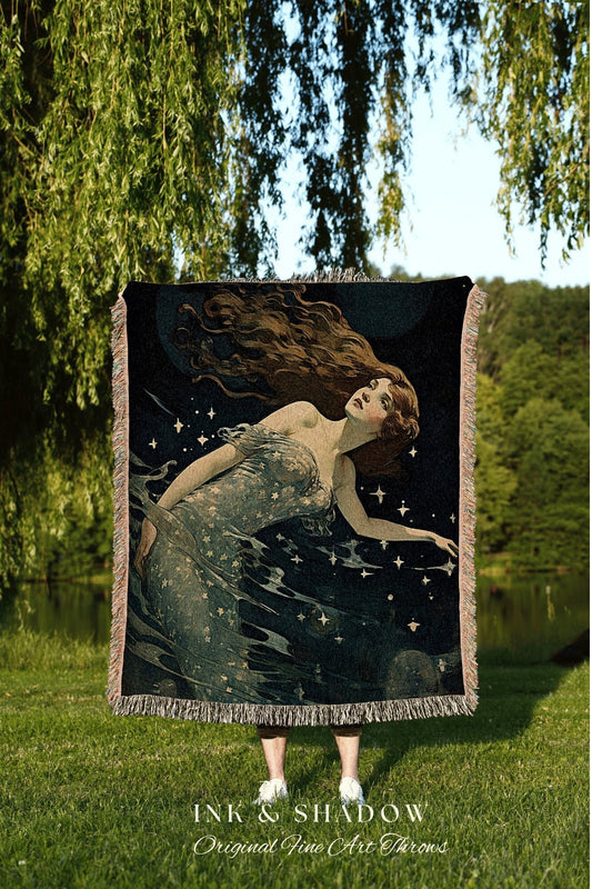 Art Nouveau Vintage Mermaid Blanket | Mermaid Aesthetic Celestial Wall Art Cottagecore Decor Art Nouveau Tapestry Woven Blanket Fairycore