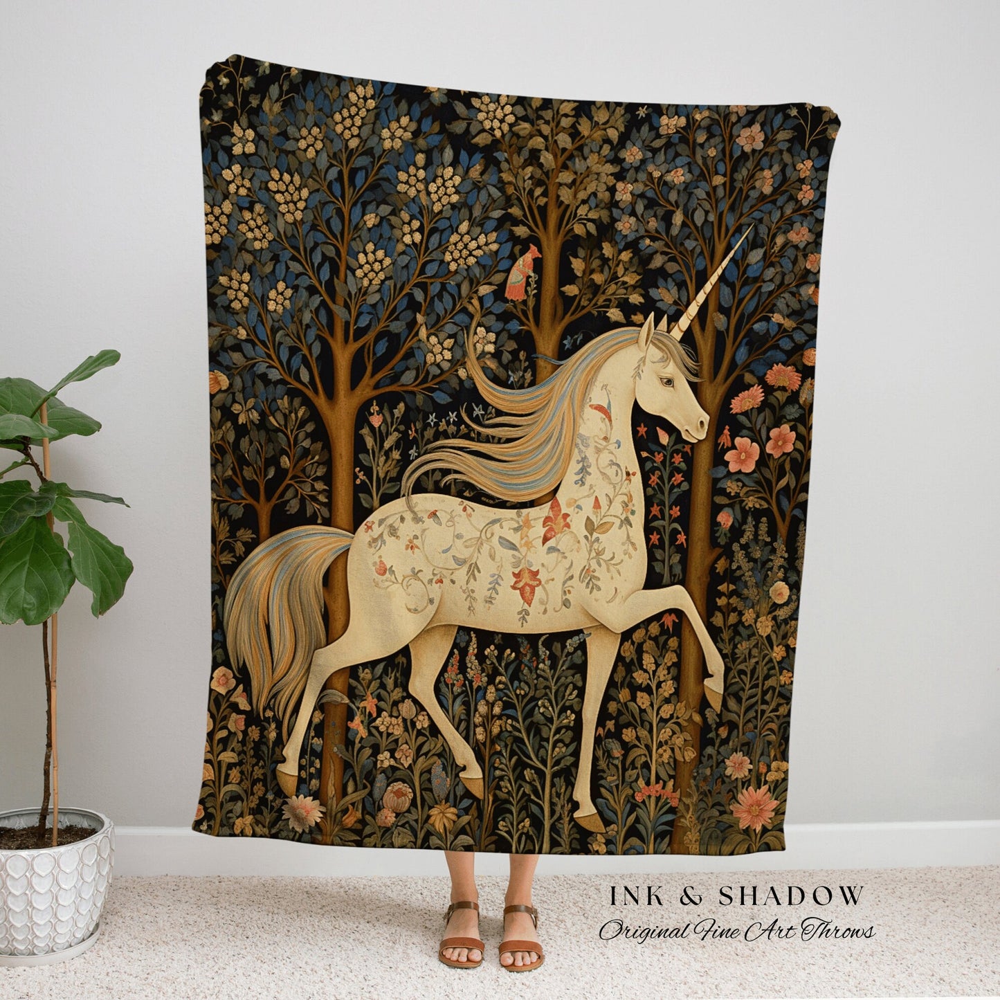 Medieval Unicorn Art Blanket | Woven Tapestry Medieval Room Decor Cottagecore Art Fairycore Aesthetic Room Decor Magical Tapestry Unicorn |