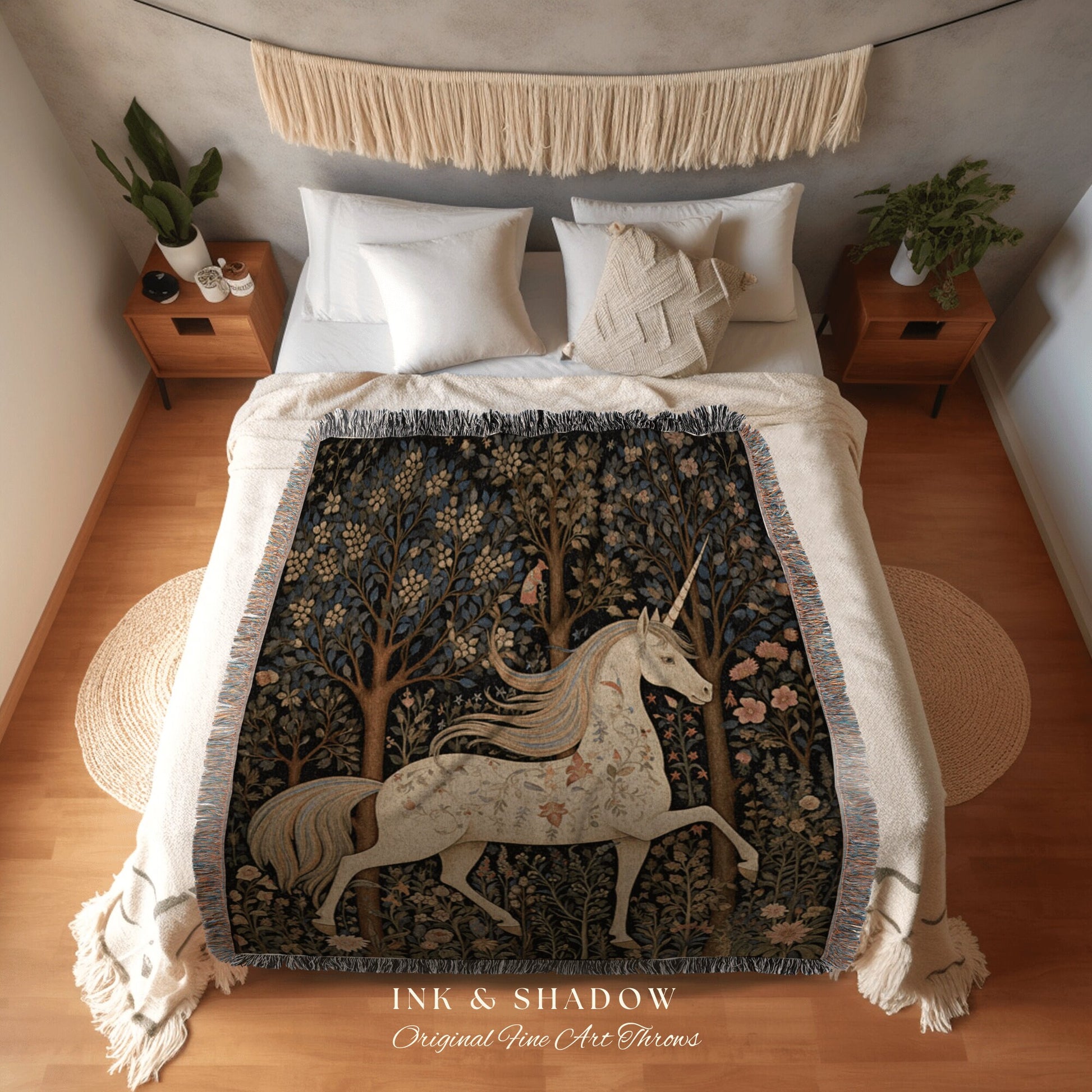 Medieval Unicorn Art Blanket | Woven Tapestry Medieval Room Decor Cottagecore Art Fairycore Aesthetic Room Decor Magical Tapestry Unicorn |