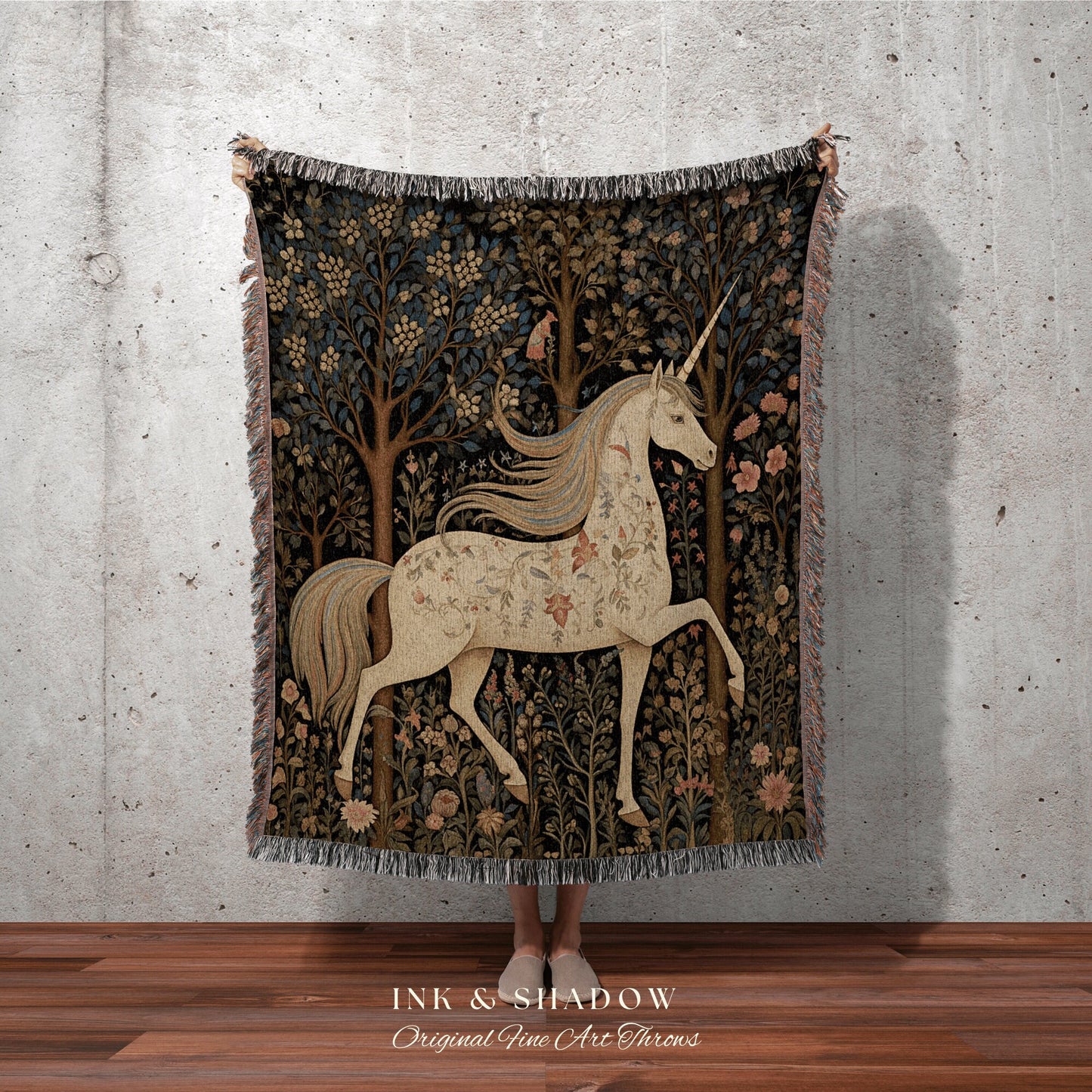 Medieval Unicorn Art Blanket | Woven Tapestry Medieval Room Decor Cottagecore Art Fairycore Aesthetic Room Decor Magical Tapestry Unicorn |