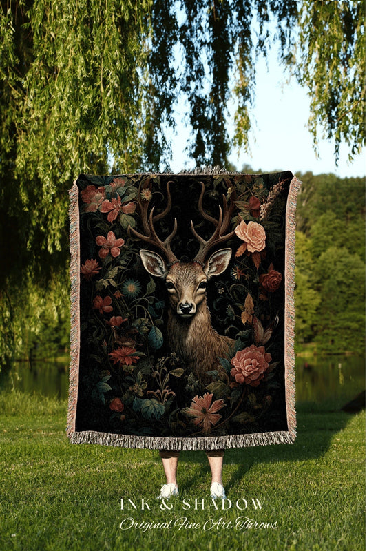 Dark Cottagecore Deer Blanket | Vintage Gothic Blanket Woven Tapestry Doe Decor Dark Floral Dark Academia Tapestry Victorian Gothic Decor |