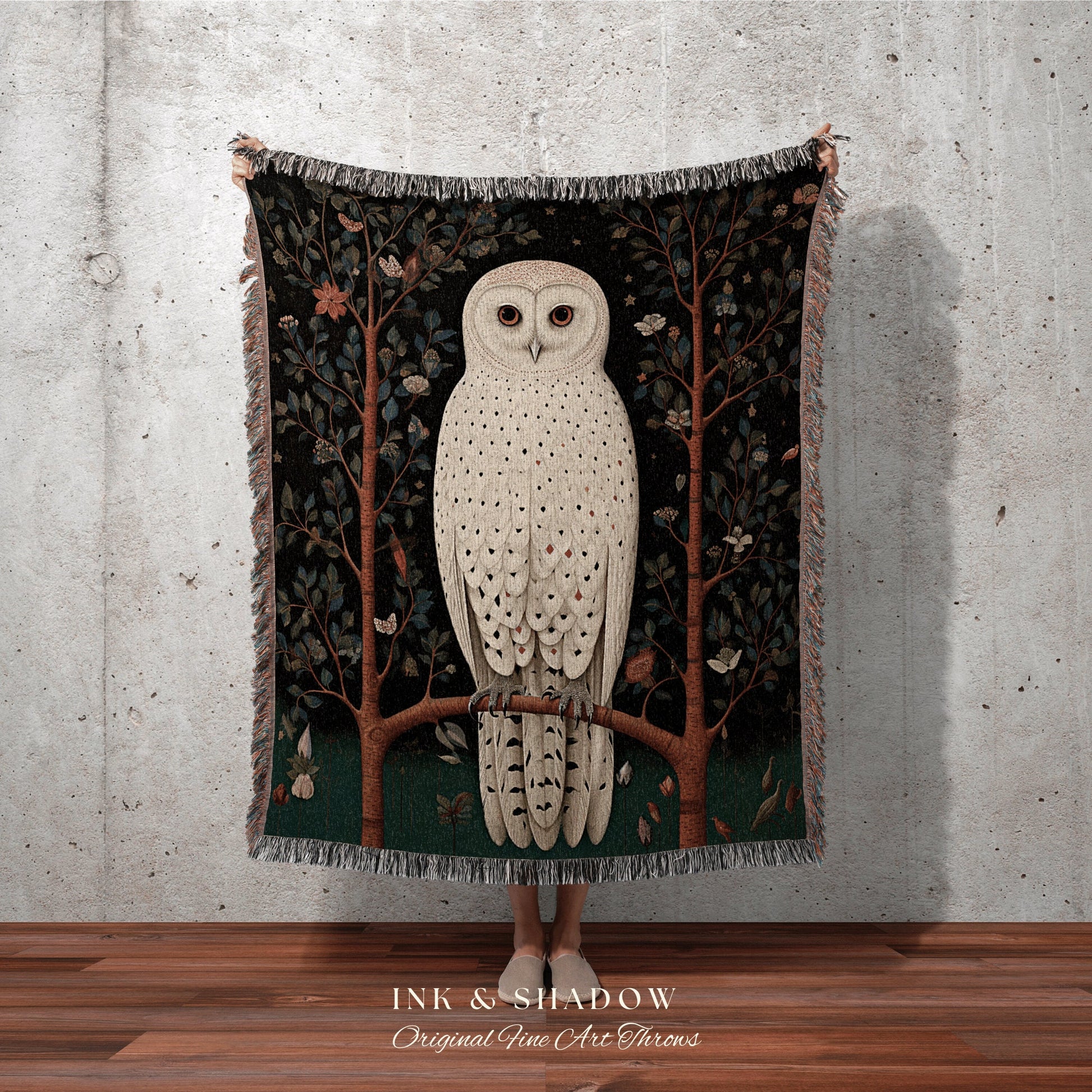 Whimsigoth Nordic Owl Blanket | Woven Tapestry Witchy Decor Cottagecore Art Crowcore Aesthetic Room Decor Magical Owl Tapestry Crow Core Art