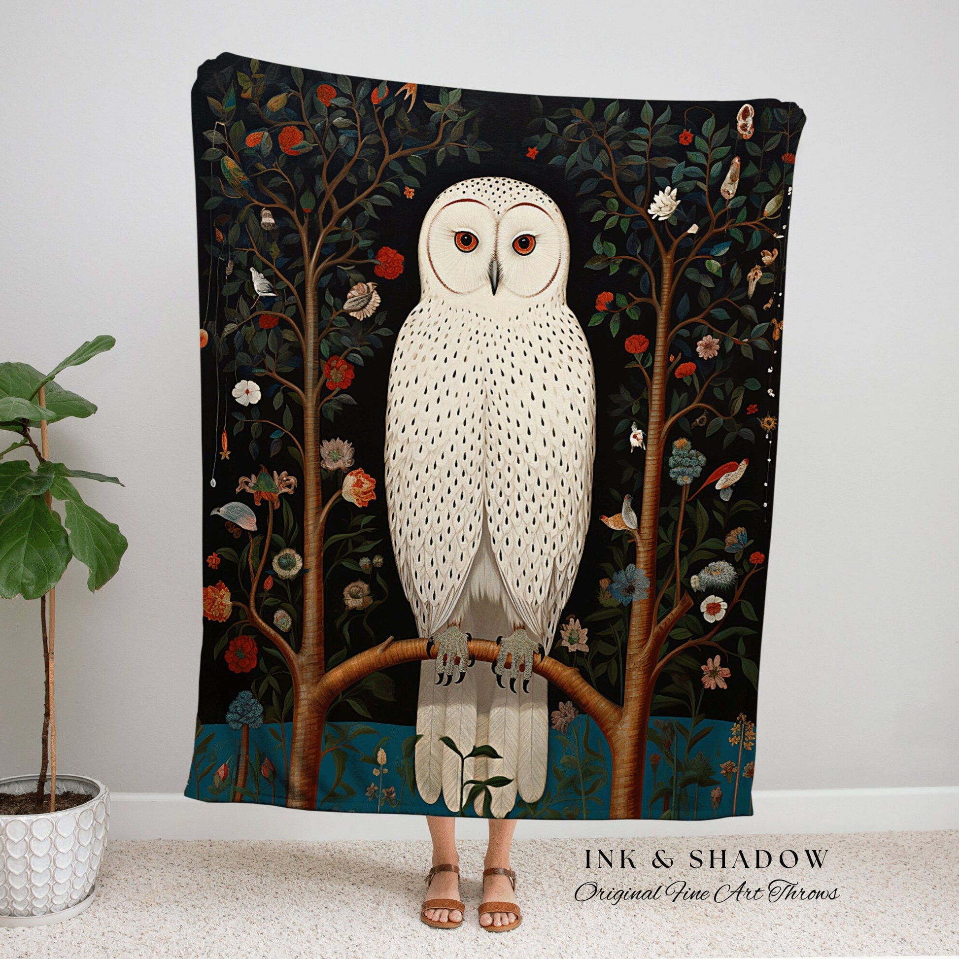 Whimsigoth Nordic Owl Blanket | Woven Tapestry Witchy Decor Cottagecore Art Crowcore Aesthetic Room Decor Magical Owl Tapestry Crow Core Art