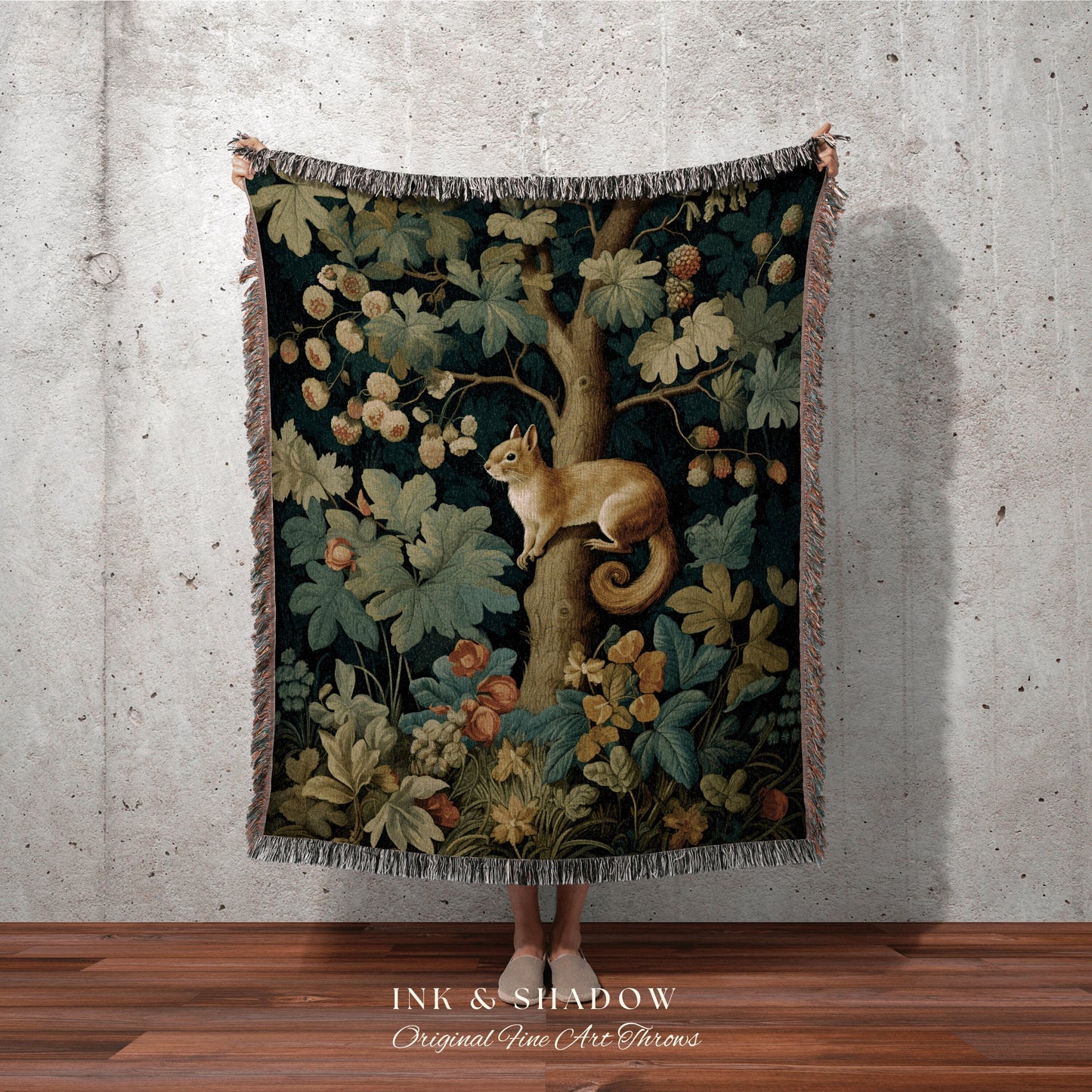 Woodland Aesthetic Woven Tapestry | Vintage Folk Art Blanket Woven Tapestry William Morris Throw Dark Woodland Gothic Aesthetic Bedding Boho