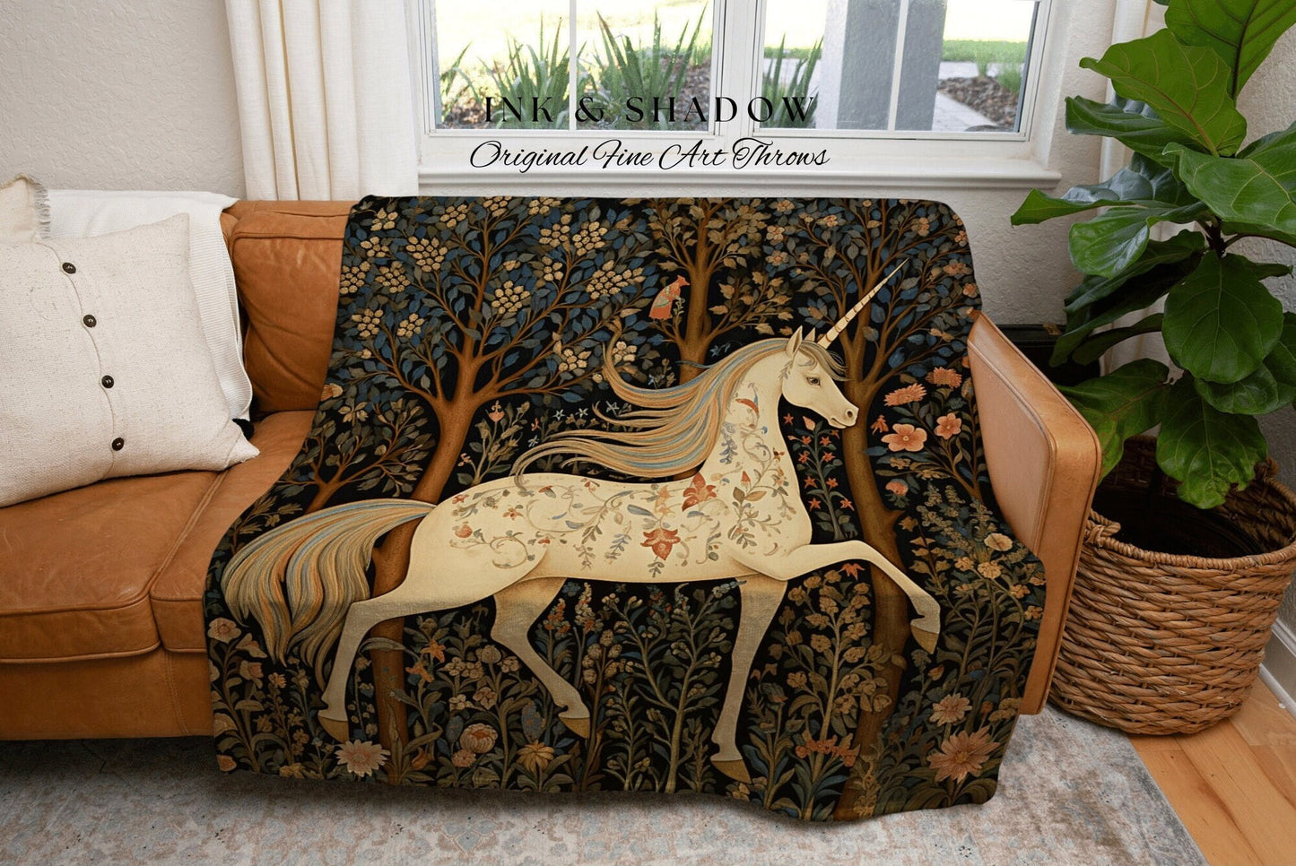 Medieval Unicorn Art Blanket | Woven Tapestry Medieval Room Decor Cottagecore Art Fairycore Aesthetic Room Decor Magical Tapestry Unicorn |