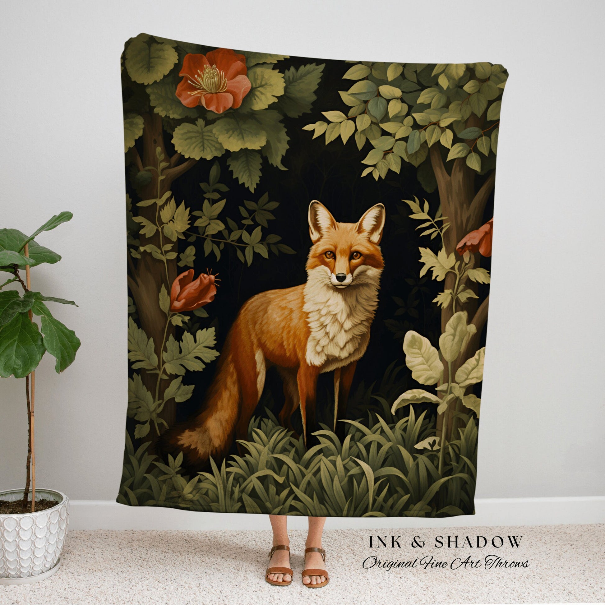 Woodland Gothic Fox Tapestry | Woodland Folk Art Blanket Woven Tapestry William Morris Art Woodland Goth Decor Dark Cottagecore Aesthetic |