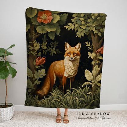 Woodland Gothic Fox Tapestry | Woodland Folk Art Blanket Woven Tapestry William Morris Art Woodland Goth Decor Dark Cottagecore Aesthetic |