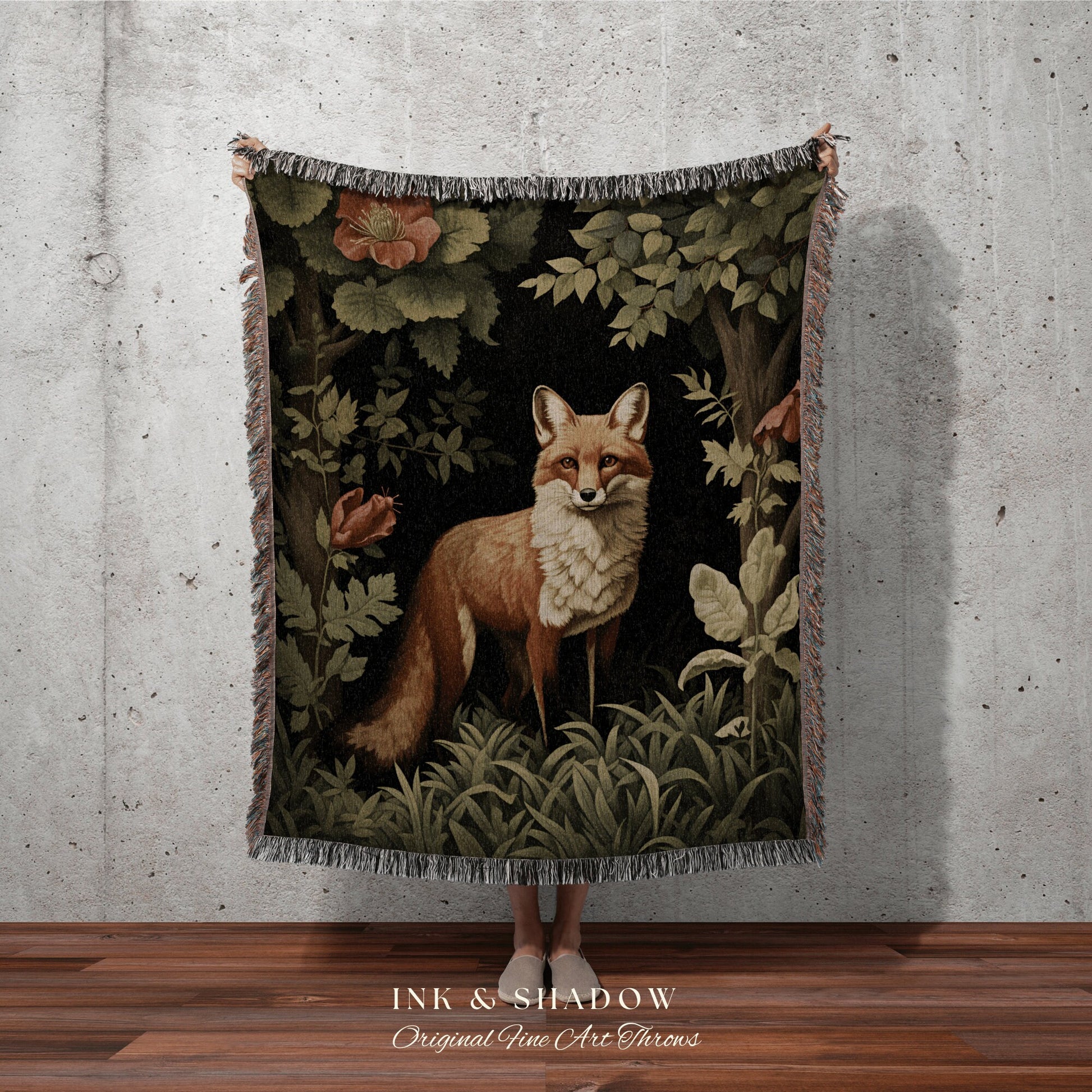 Woodland Gothic Fox Tapestry | Woodland Folk Art Blanket Woven Tapestry William Morris Art Woodland Goth Decor Dark Cottagecore Aesthetic |