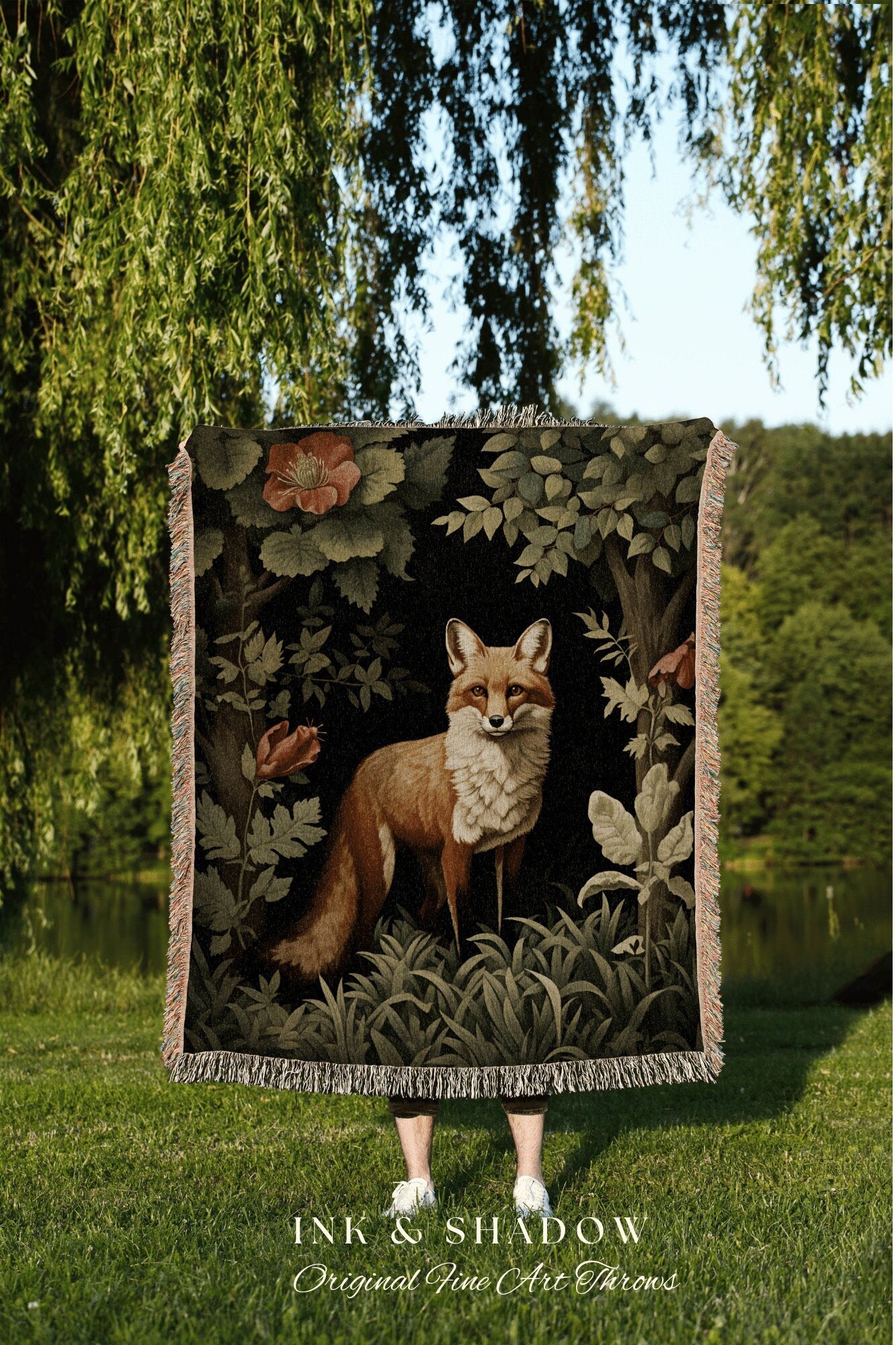 Woodland Gothic Fox Tapestry | Woodland Folk Art Blanket Woven Tapestry William Morris Art Woodland Goth Decor Dark Cottagecore Aesthetic |