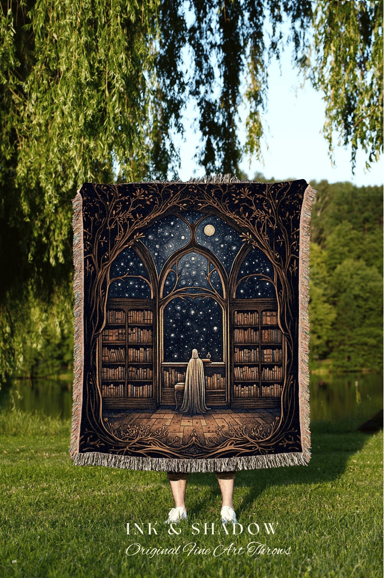 Night Library Ghost Blanket | Ghost in Library Spooky Aesthetic Gothic Art Gothic Ghost Painting Vintage Halloween Bookish Gift for Reader |