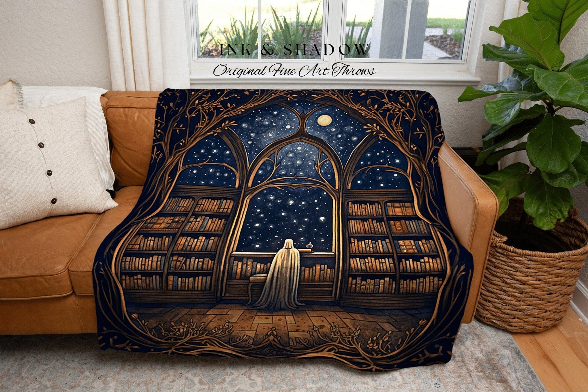 Night Library Ghost Blanket | Ghost in Library Spooky Aesthetic Gothic Art Gothic Ghost Painting Vintage Halloween Bookish Gift for Reader |